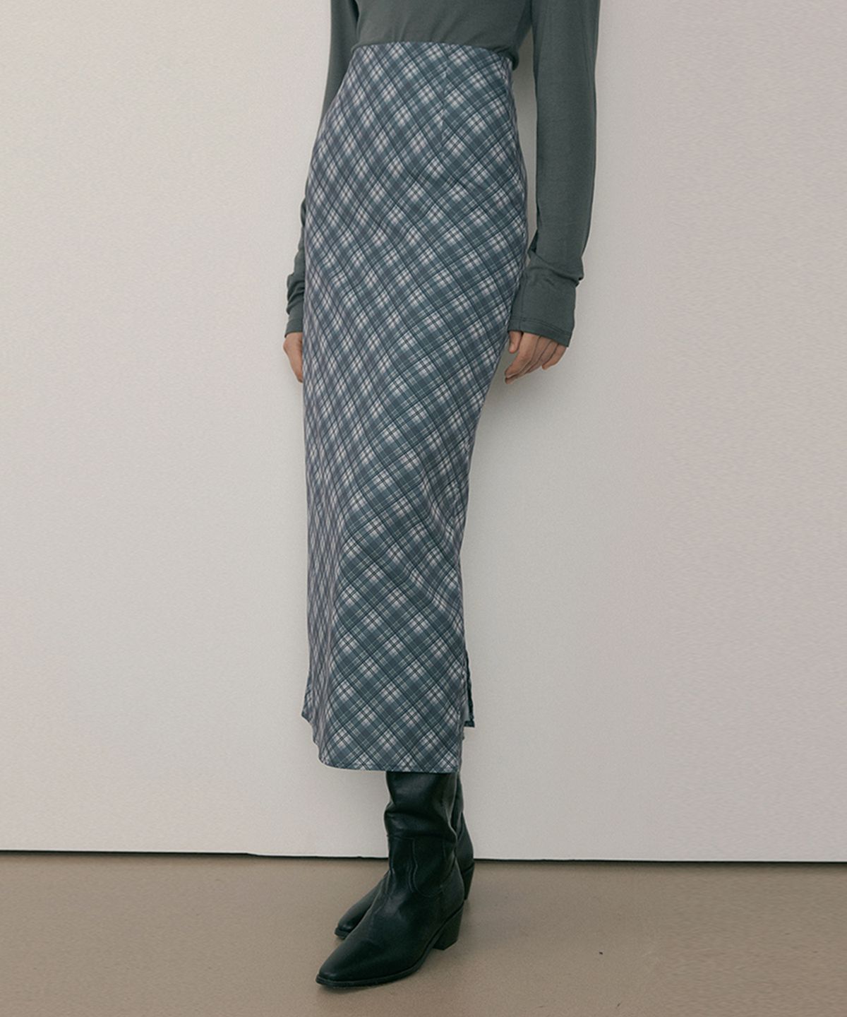 리올그(REORG) MOR CHECK LONG SKIRT MILD GRAY