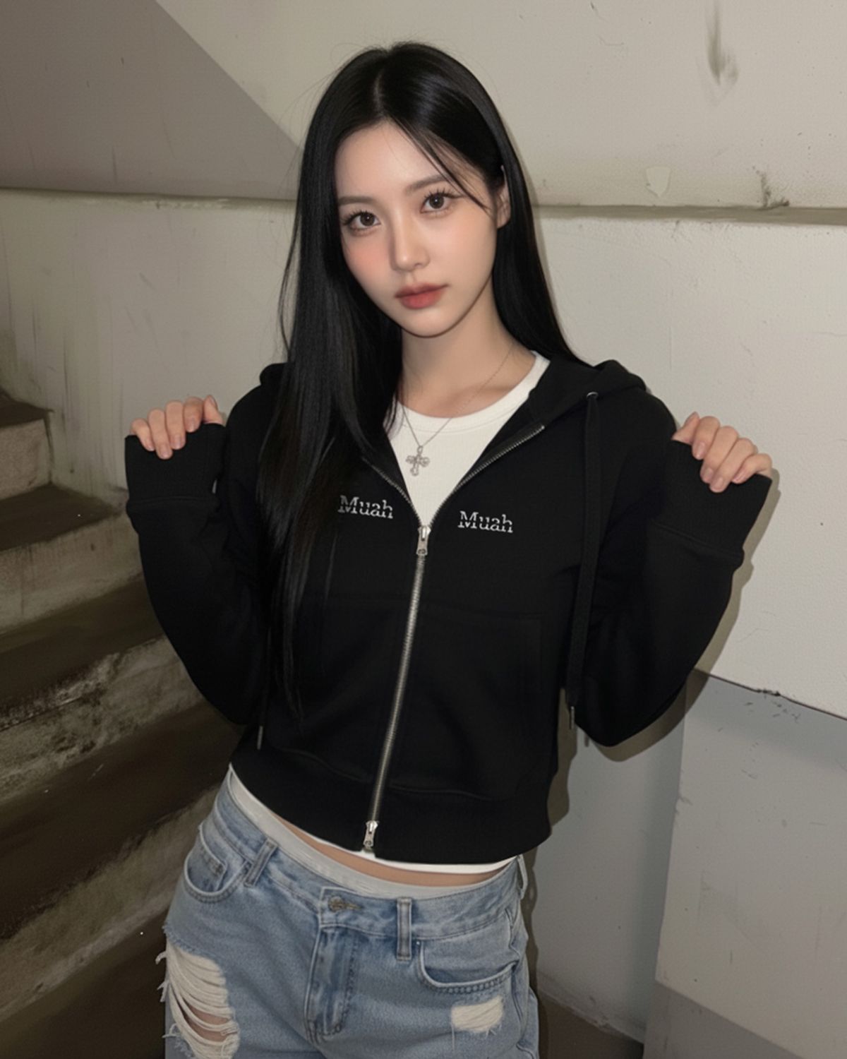 무아무아(MUAHMUAH) 로고스티치 레귤러핏 후드집업 [9color]