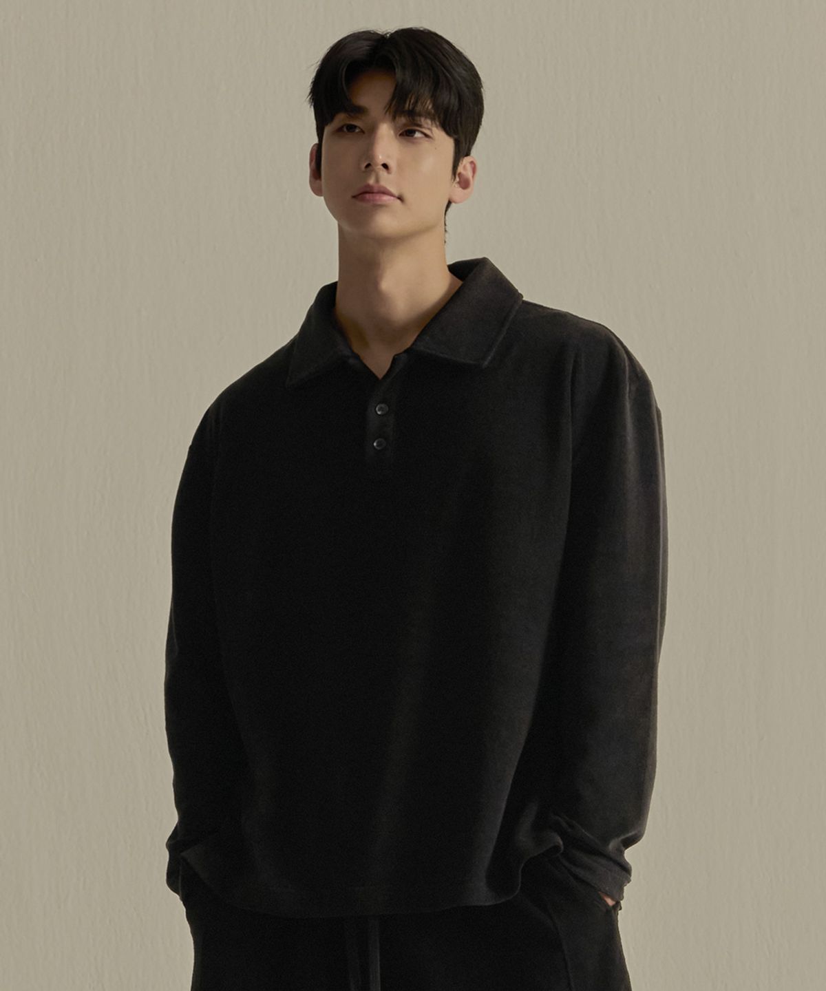 나인제트(NINEZ) 소프트 테리 오버핏 긴팔 카라티 (블랙) 24PL01