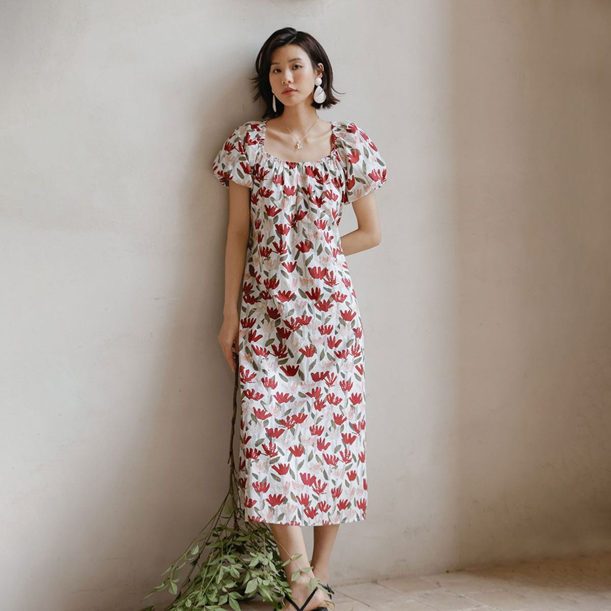 랭썬(LANGSON) LS_Floral puff sleeve summer dress