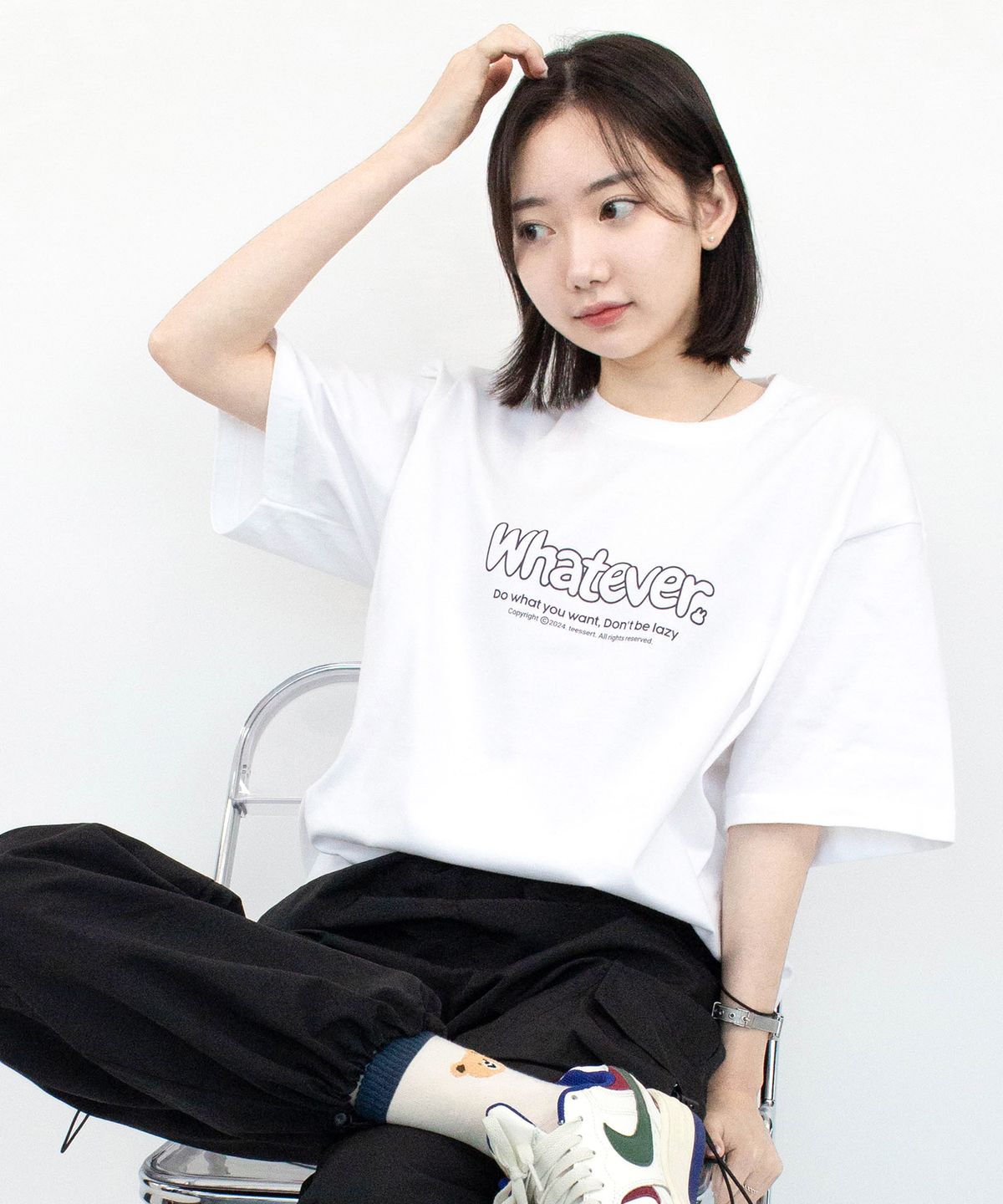 티저트(TEESSERT) 왓에버 레터링 기본 면 반팔티셔츠 (화이트, 블랙, 라이트그린) TSS_10