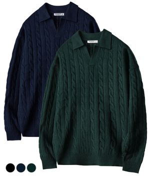 오버핏 케이블 카라 니트 3COLOR