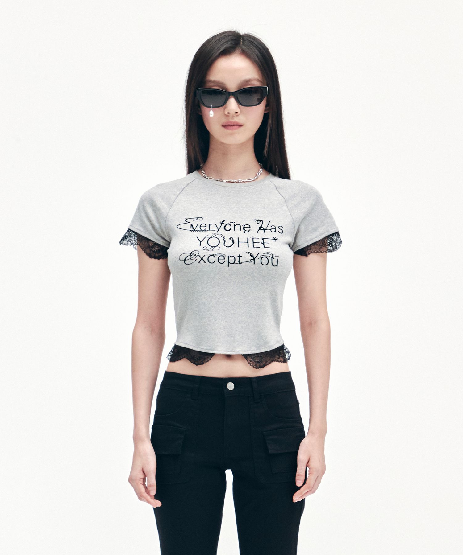 Tシャツ・カットソー YOUHEE LACE TRIMMING LETTERING T-SHIRTS 4BNY117 ☆関税込☆YOUHEE☆LETTERING T-SHIRT☆Tシャツ☆ (YOUHEE/T