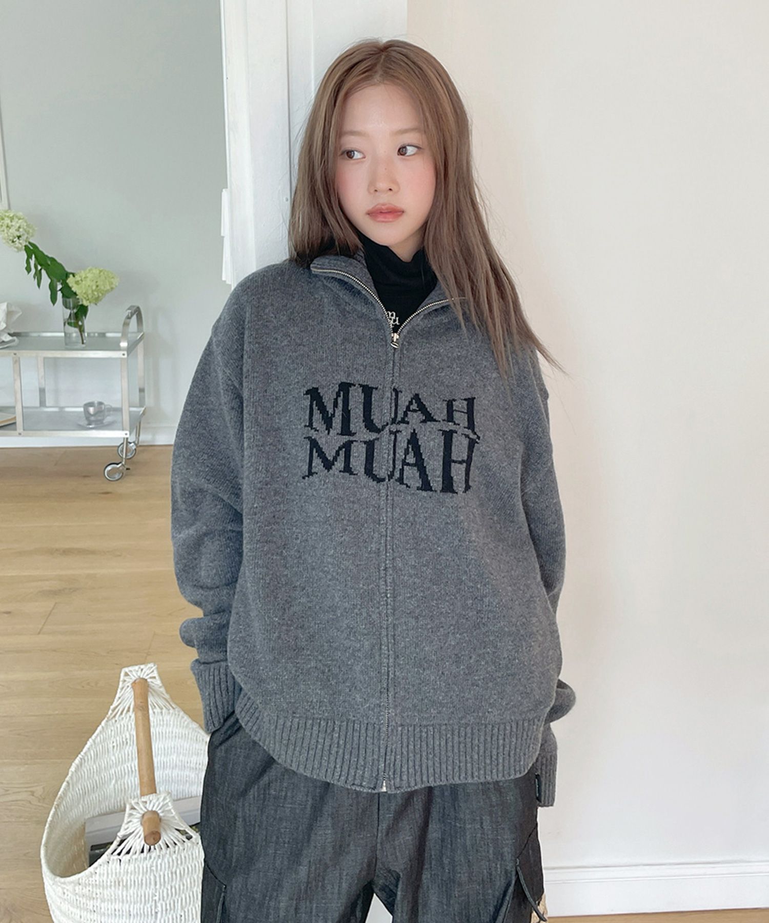 【U LAN】Deep Lettering Two Way Knit Zip-up Dual Ended Knitted Zip Hoodie - Charcoal | Mens Knitwear