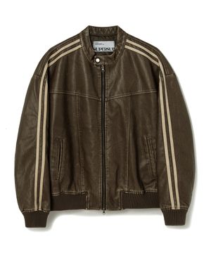빈티지 트랙 바이커 레더 점퍼 - 브라운