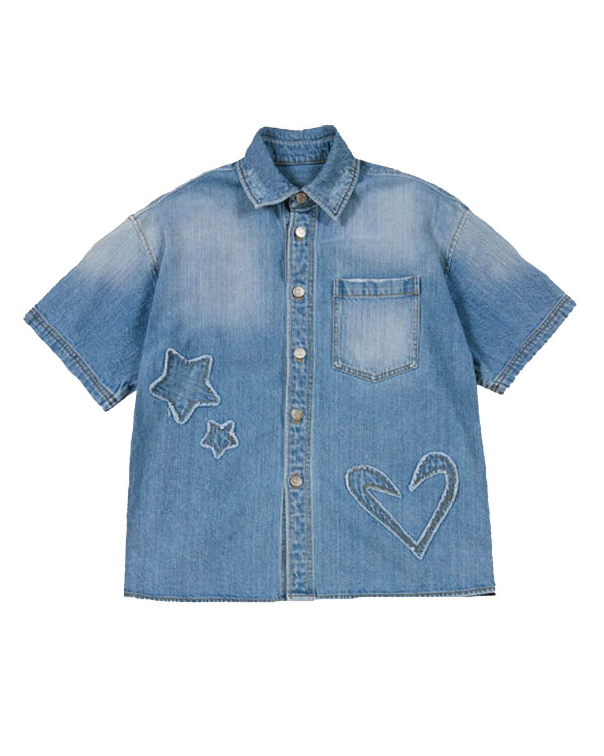 더뮤지엄비지터(THEMUSEUMVISITOR) STAR DAMAGED DENIM HALF SHIRTS (BLUE)