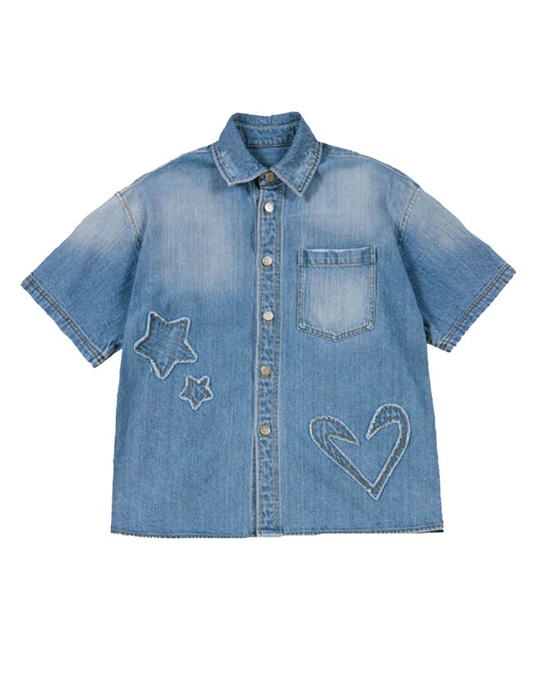 STAR DAMAGED DENIM HALF SHIRTS (BLUE)