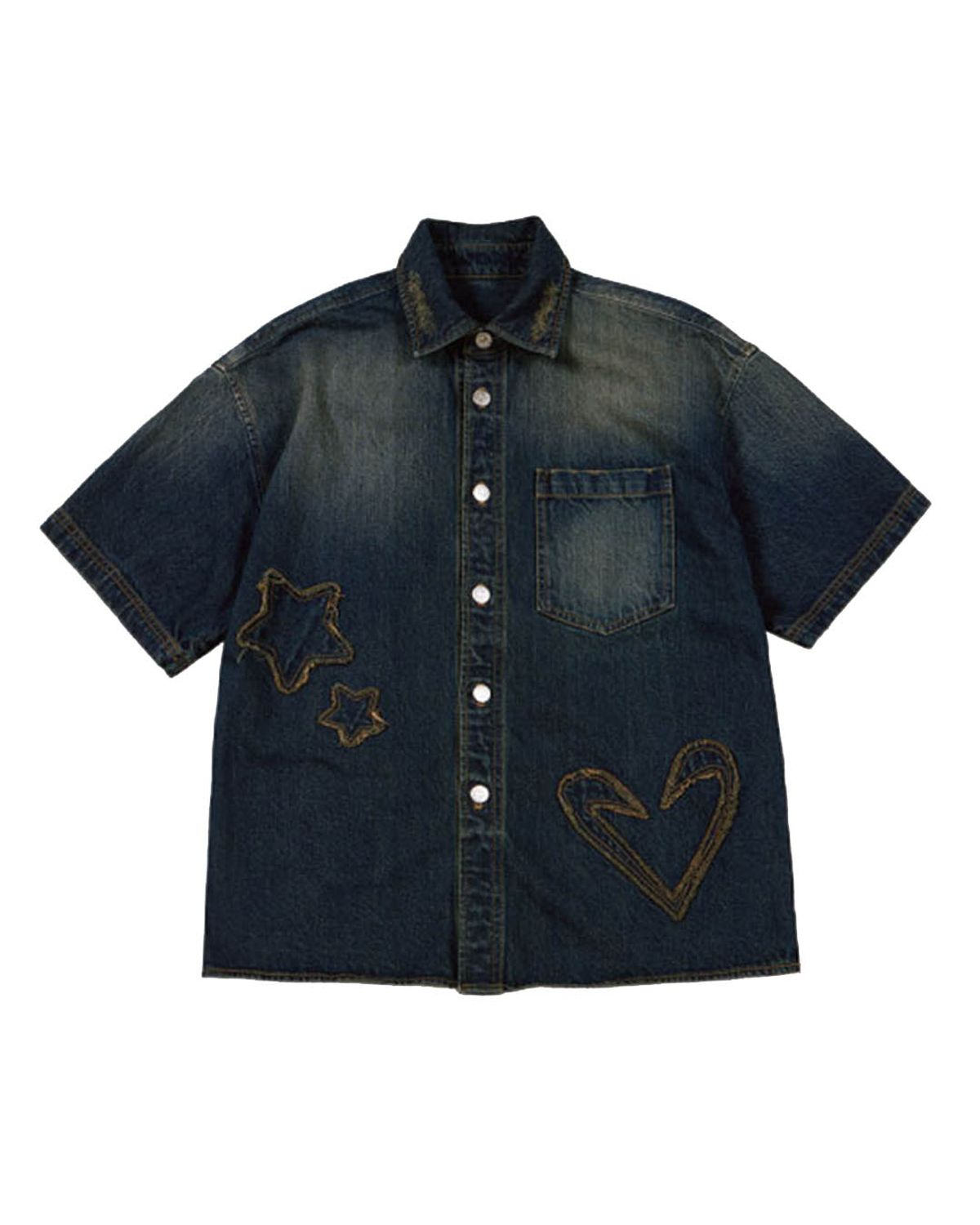 더뮤지엄비지터(THEMUSEUMVISITOR) STAR DAMAGED DENIM HALF SHIRTS (YELLOW BLUE)