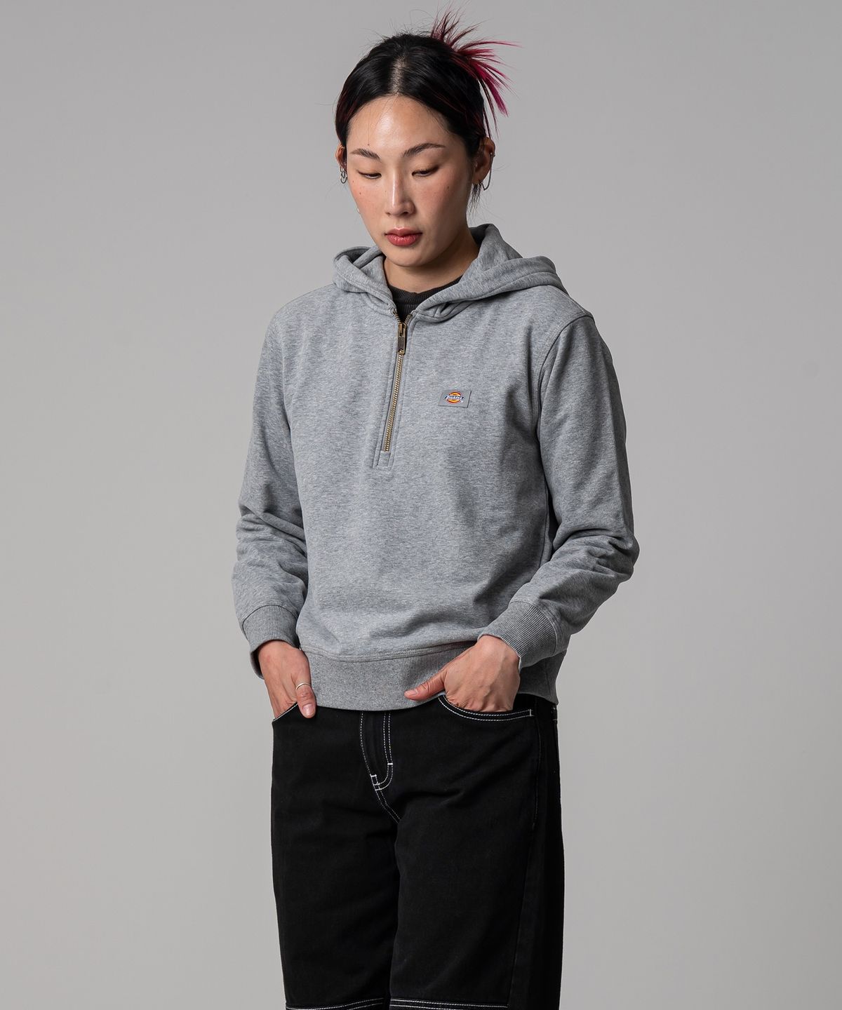 디키즈(DICKIES) 우먼스 하프 집업 후드 Gray
