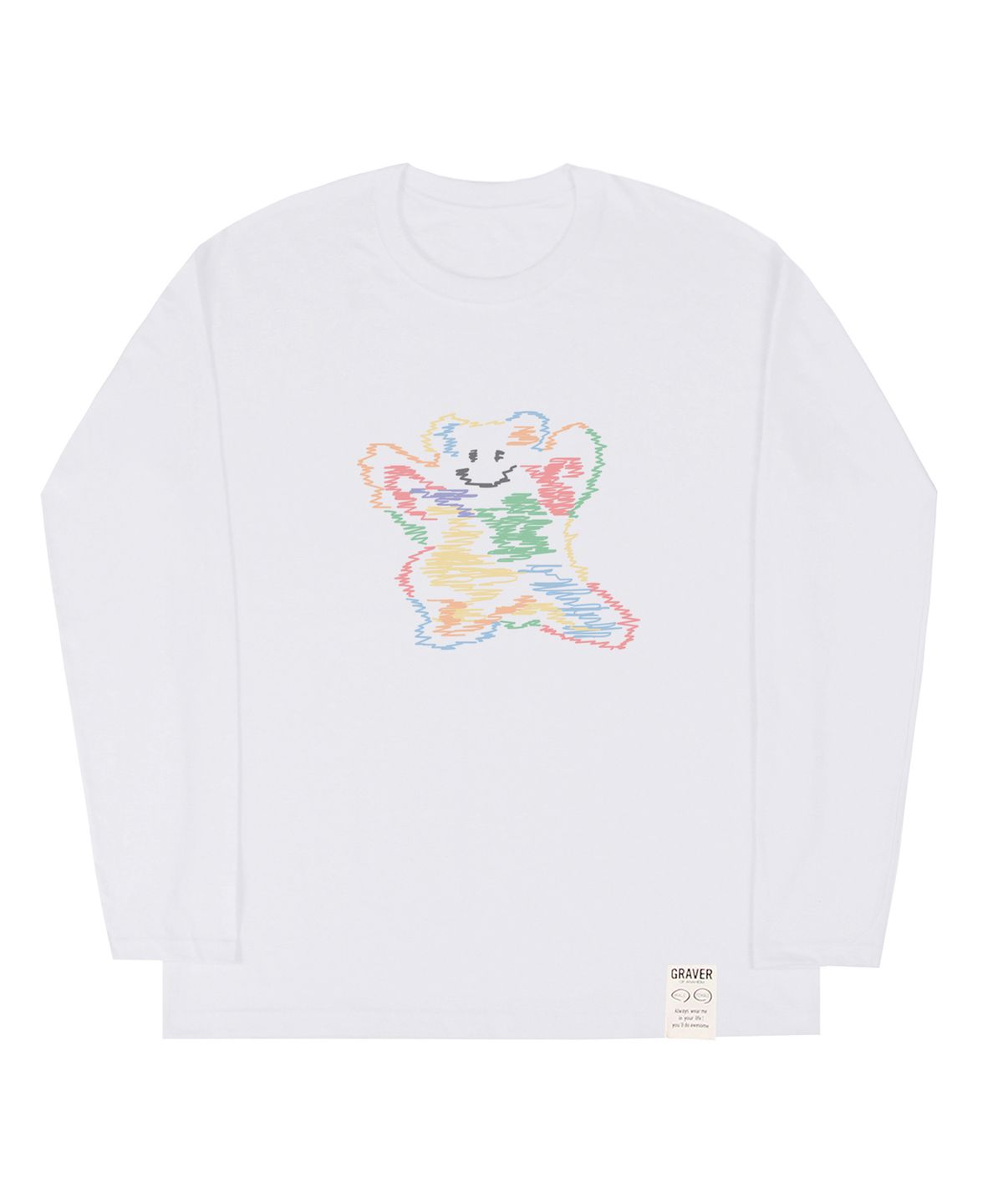 그레이버(GRAVER) [UNISEX]레인보우 빅 구름 베어스마일 롱슬리브 티셔츠_화이트