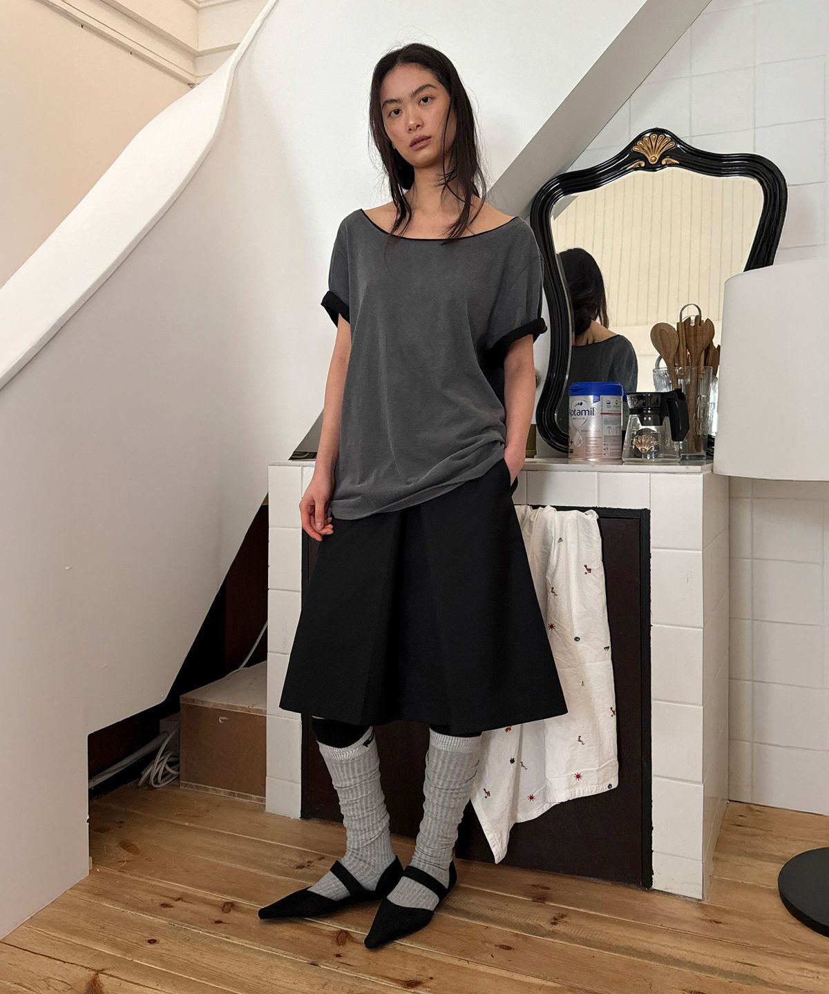 다이애그널(DIAGONAL) LOW RISE MIDI SKIRT (black)