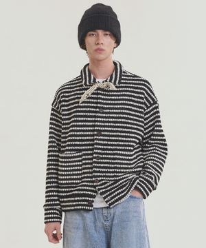 스트라이프 카라 니트 가디건 - 블랙