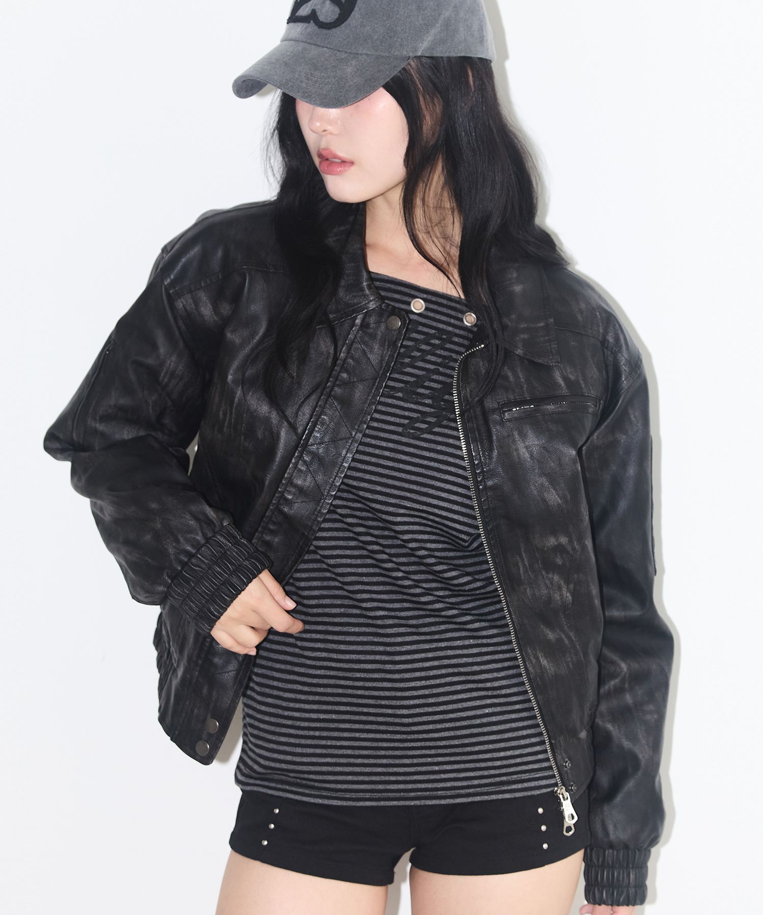 MUSINSA公式 | ILLIGO Washed leather bomber jacket black