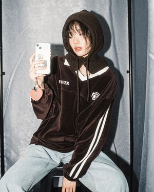 OVERSIZE VELOUR V-NECK L/S TEE(BROWN)