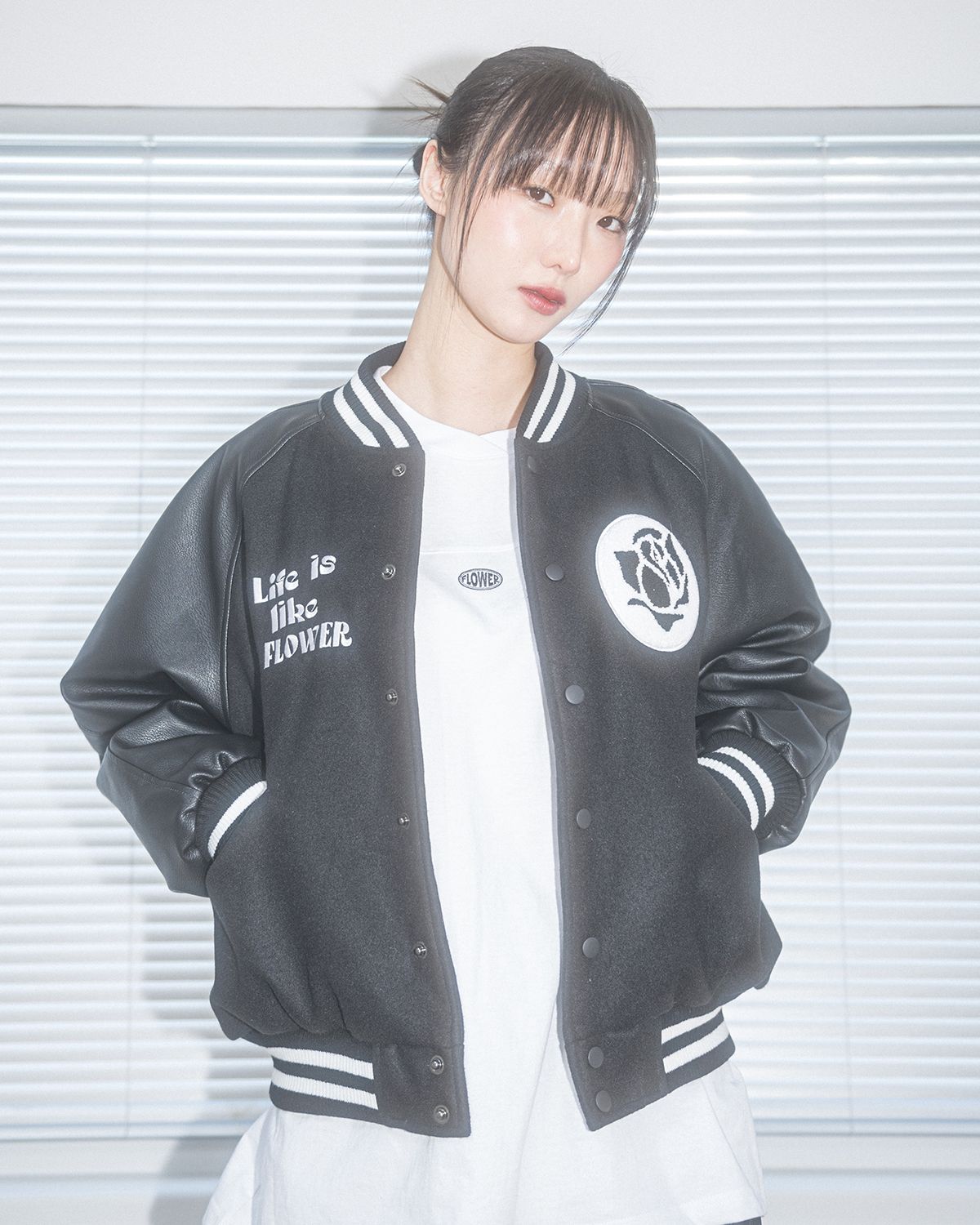 해비즘(HAVISM) ROSE LLF VARSITY JACKET(BLACK)