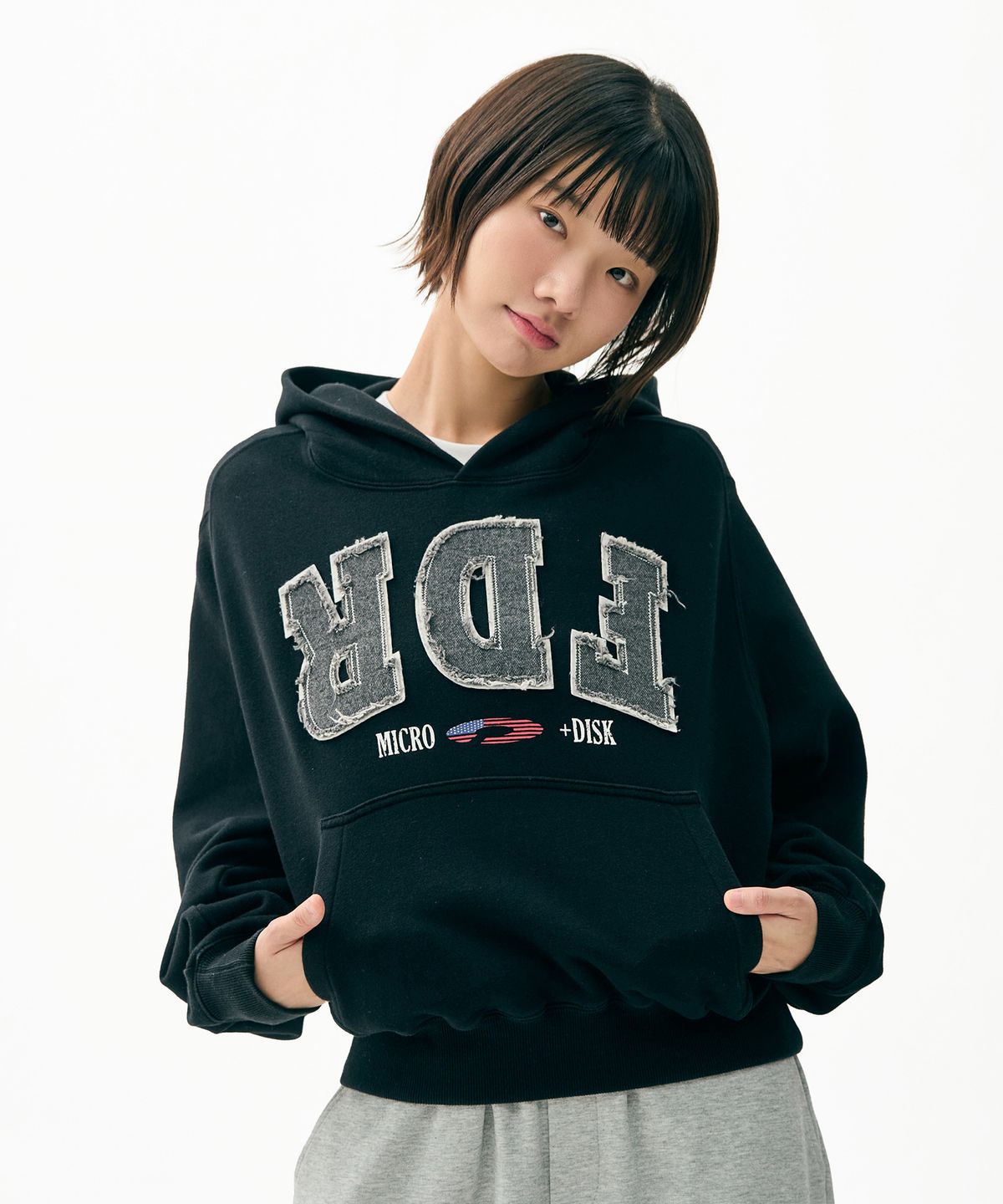 에프디알(FDR) Washing Applique USA Micro Disk Hoodie Black