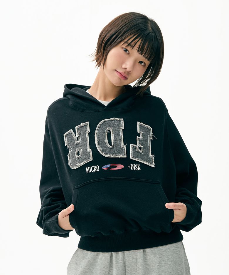 Washing Applique USA Micro Disk Hoodie Black