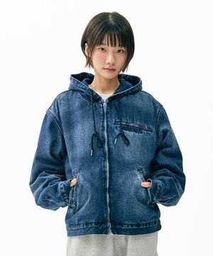 Heavy Denim Work Hood Quilting Jacket Blue