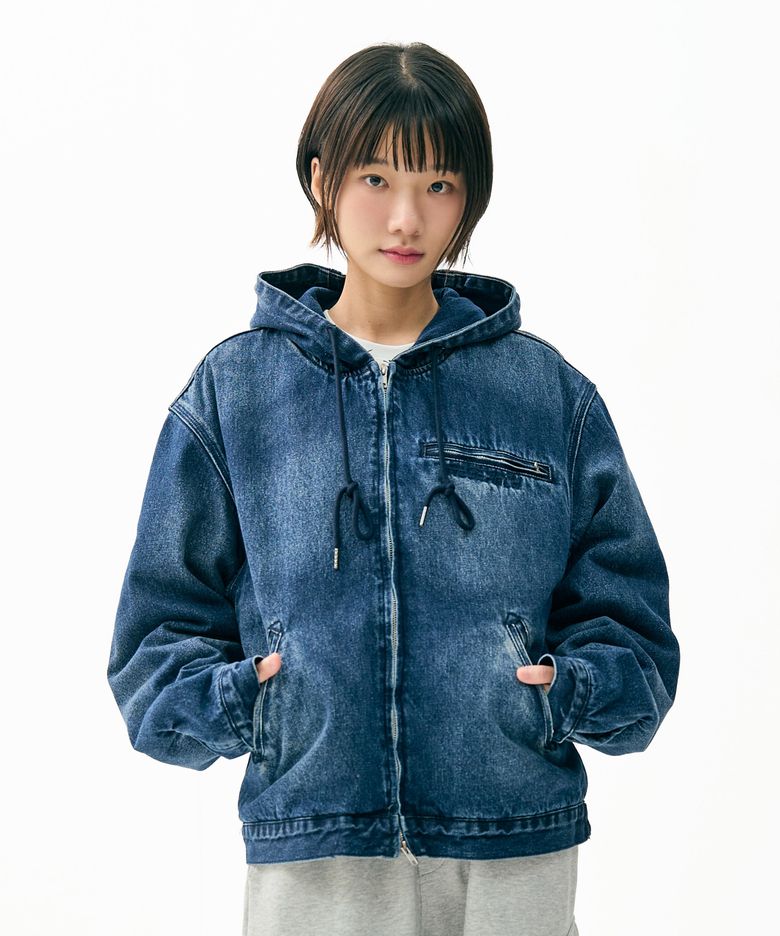 Heavy Denim Work Hood Quilting Jacket Blue