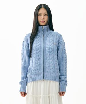 Heavy Cable Zip-Up Knit Cardigan Purple