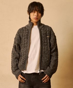 Heavy Cable Zip-Up Knit Cardigan Charcoal
