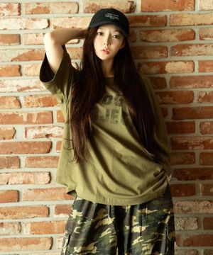 빈티지 프린트 오버사이즈 티셔츠 (카키)