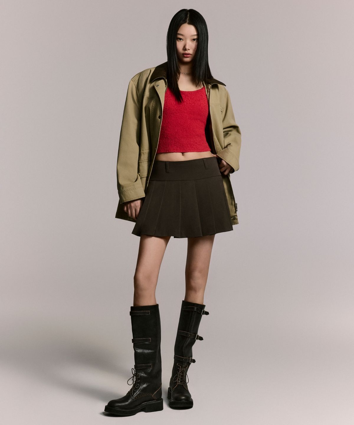 무신사 스탠다드 우먼(MUSINSA STANDARD WOMAN) 우먼즈 로 라이즈 플리츠 미니 스코츠 [카키 브라운]