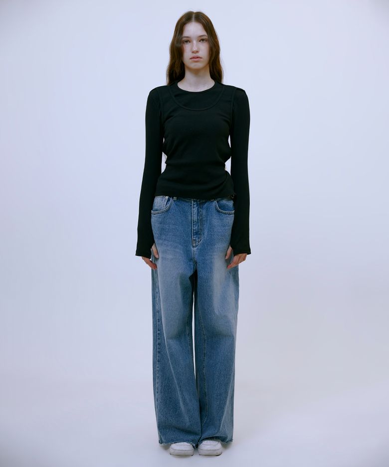 Distressed Wide Denim Pants (BLUE)
