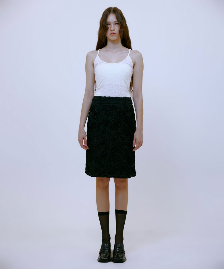 Chiffon Flower Midi Skirt (BLACK)