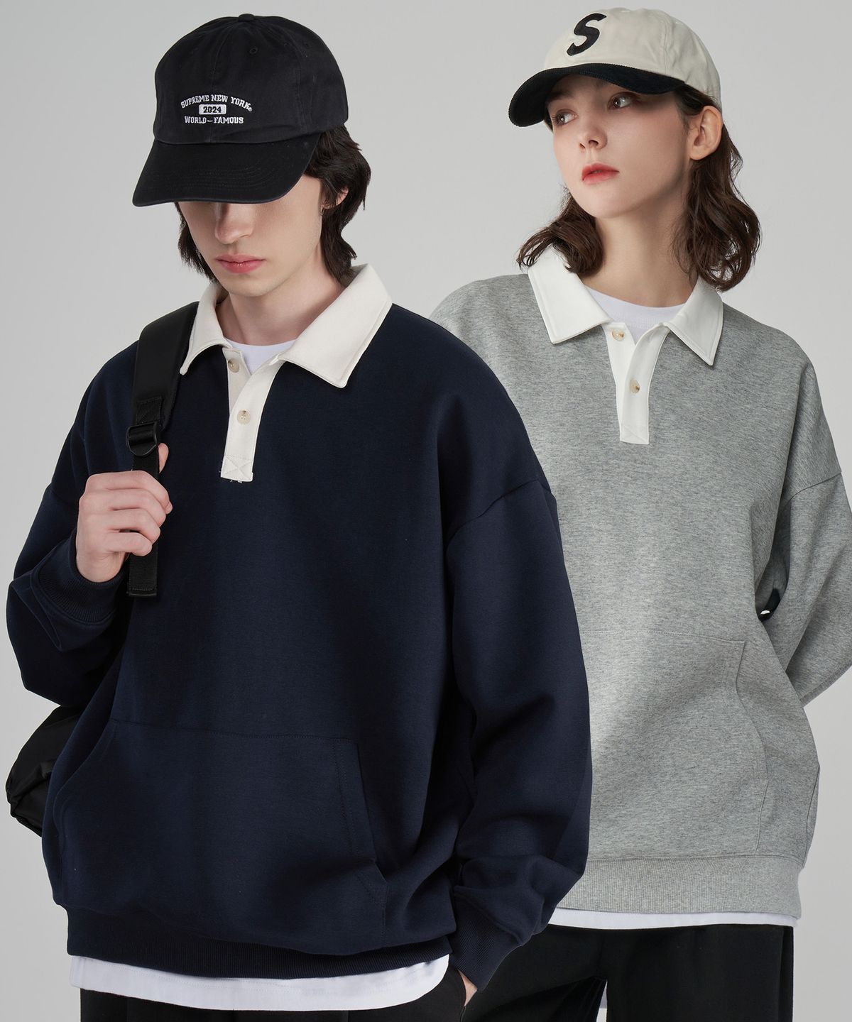 언탭트 스튜디오(UNTAPPED STUDIO) [2PACK]시티보이 오버핏 럭비 카라 맨투맨 스웻 티셔츠 4COLOR