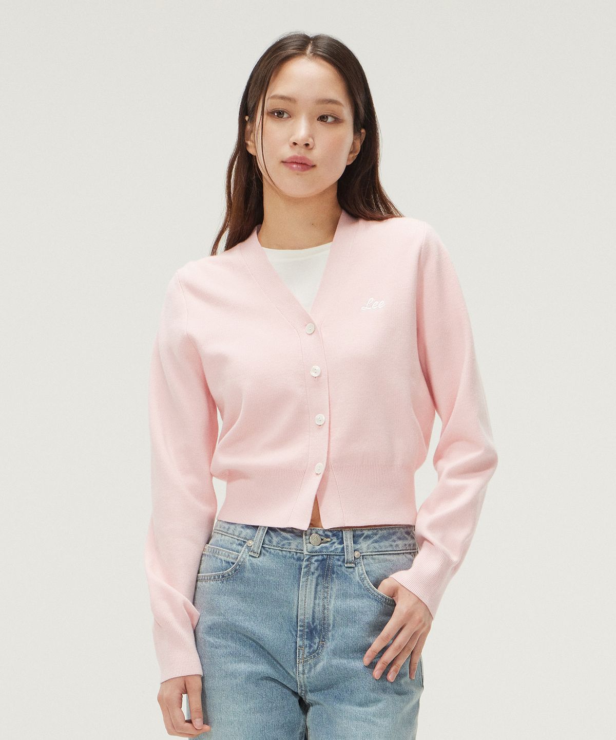 리(LEE) 우먼 에센셜 브이넥 가디건 피치