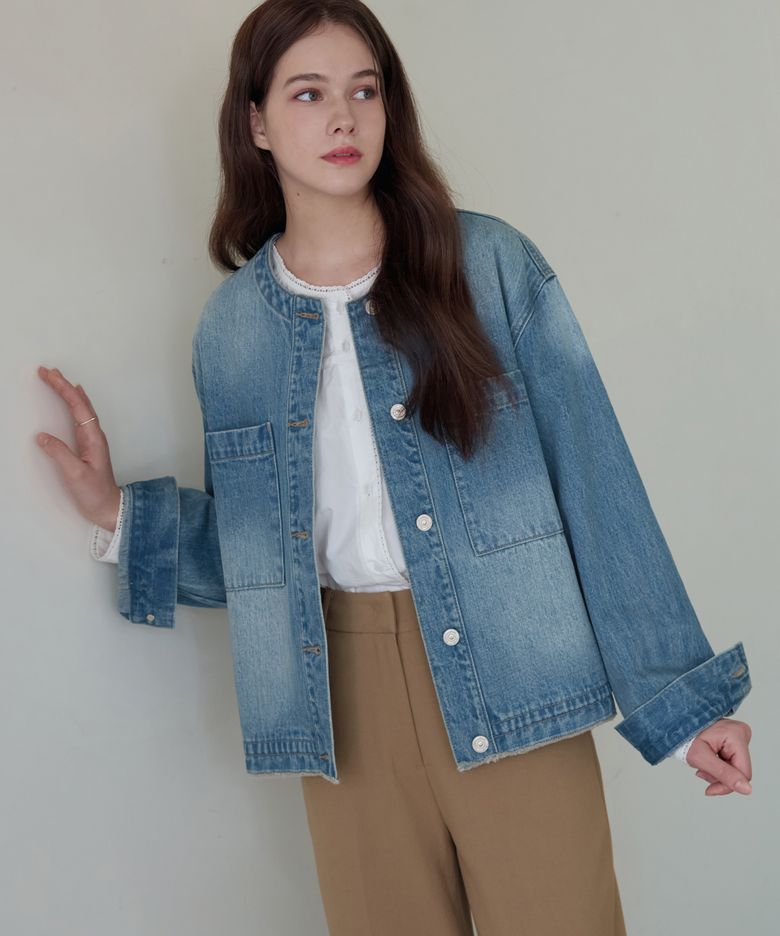 로우 엣지 크루넥 데님 자켓 [LIGHT BLUE]