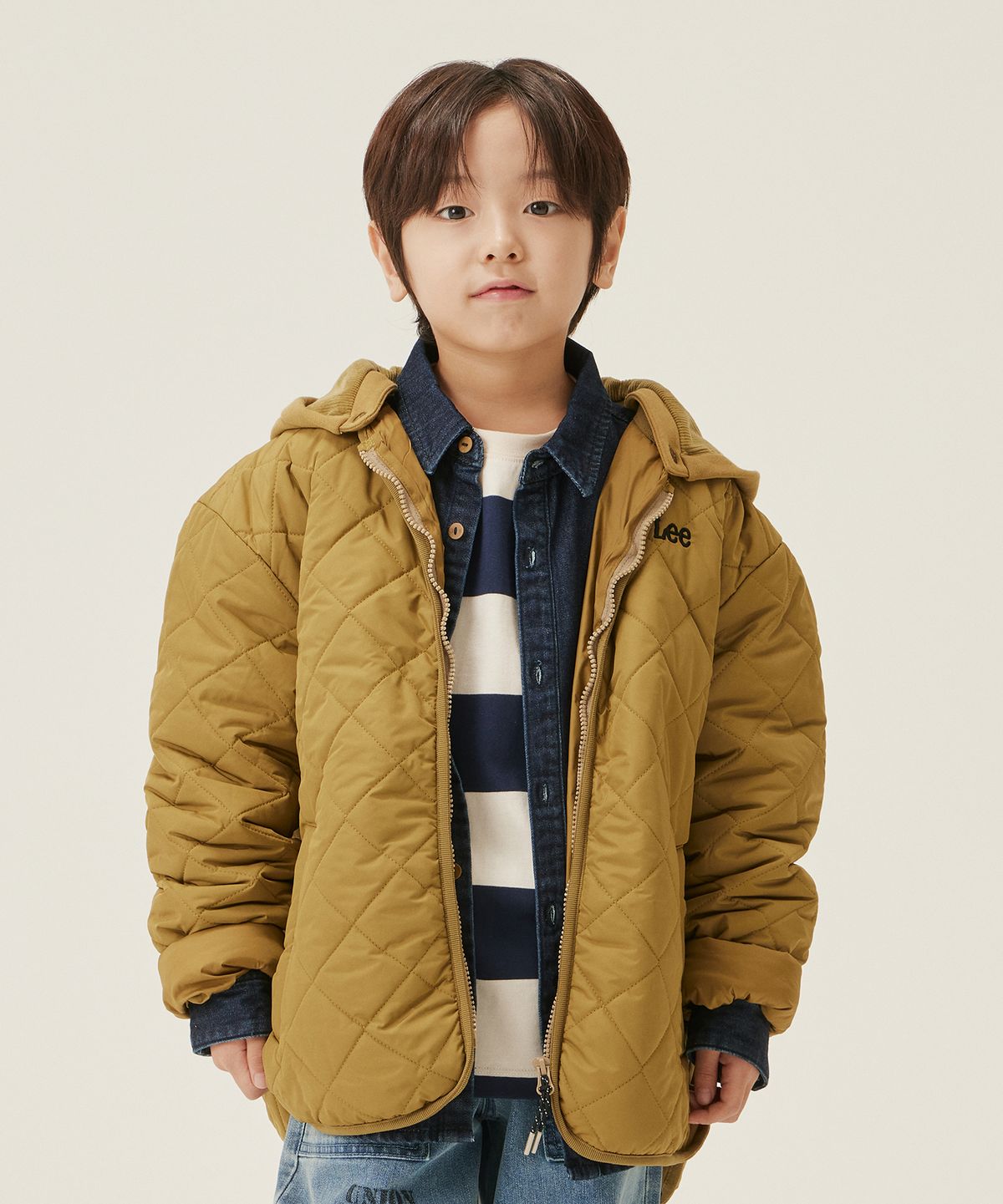 리 키즈(LEE KIDS) 레귤러핏 다이아퀼팅 후드 패딩 점퍼 카키 LK2403JU07KH