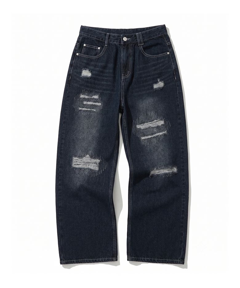 Patched Damage Wide Jeans DCPT047DBlueB