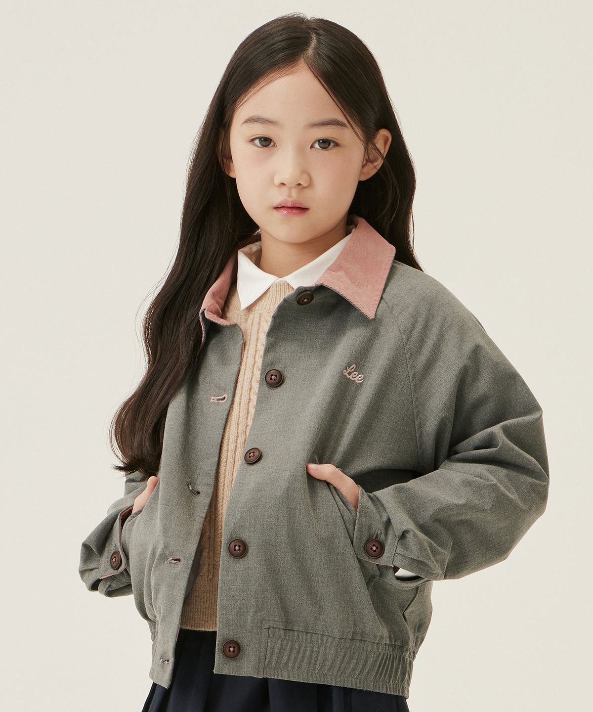 리 키즈(LEE KIDS) 스쿨 레귤러핏 체크 블루종 자켓 차콜 LK2403JK71CH