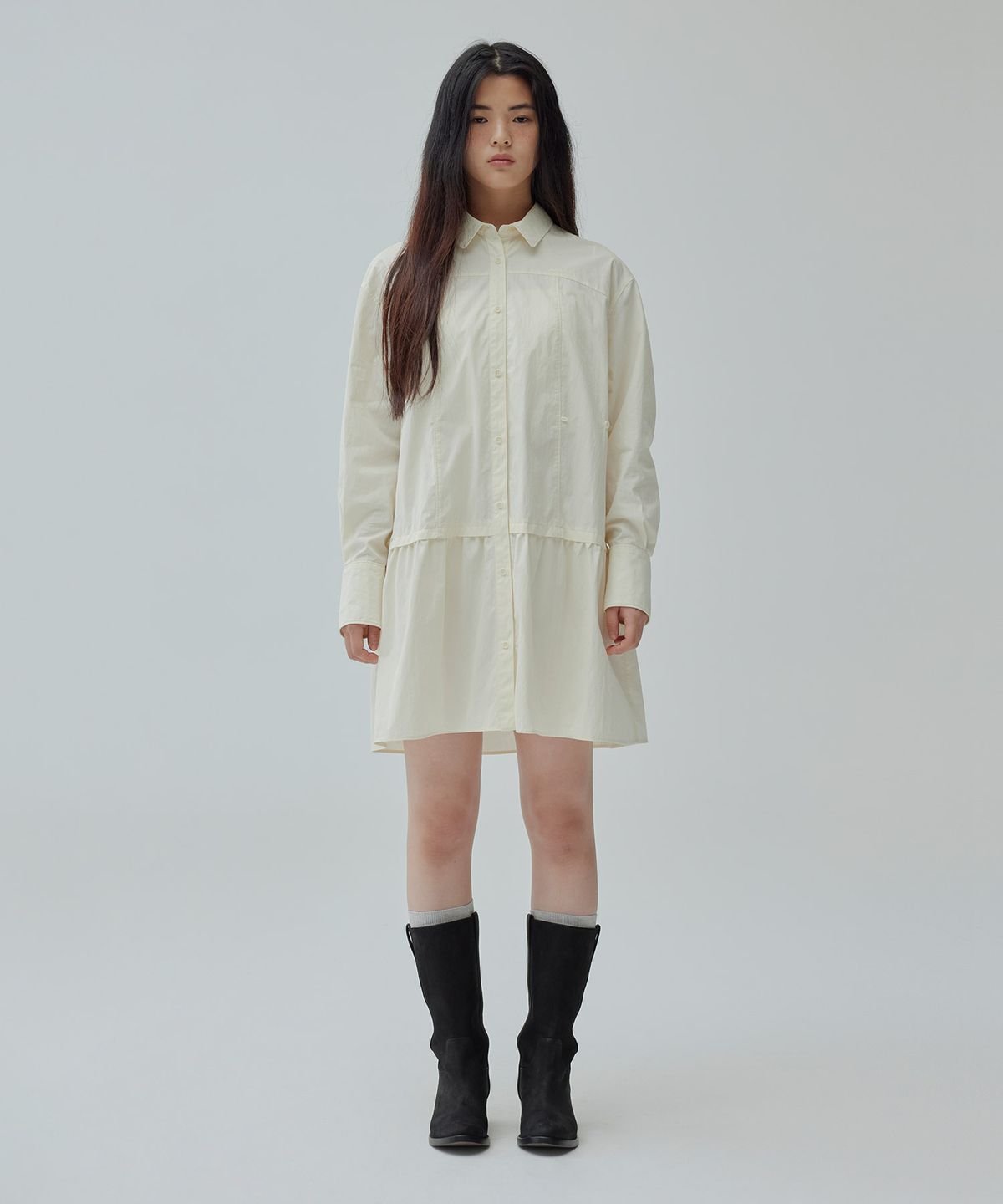 커버낫 우먼(COVERNAT WOMAN) 우먼 셔링 셔츠 미니 원피스 Ivory