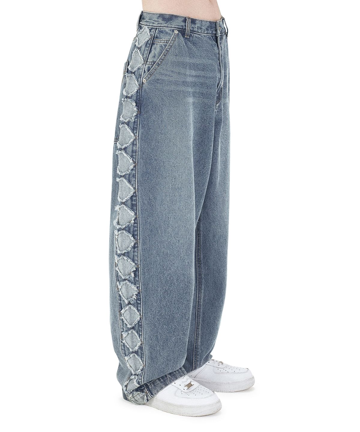 오픈야드(오와이)(OPENYARD(OY)) DIAMOND CUTTING WASHED DENIM JEANS - BLUE