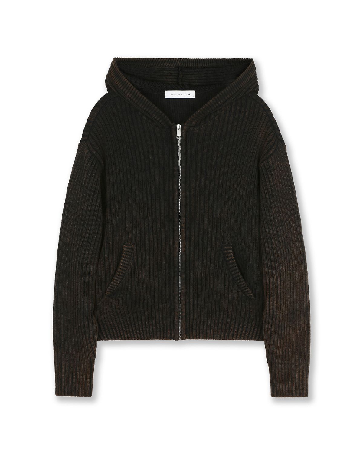 비슬로우(BESLOW) OVERSIZED HOOD KNIT ZIP UP BLACK BROWN