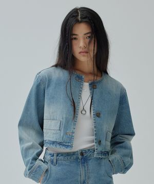 우먼 크롭 카라리스 데님 자켓 Blue