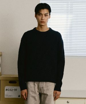 워셔블 케이블 라운드 풀오버 [네이비]