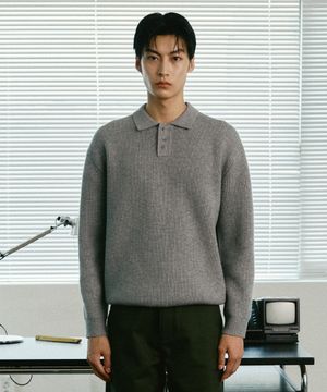 캐시미어 블렌딩 하찌 버튼 카라 니트 [그레이]