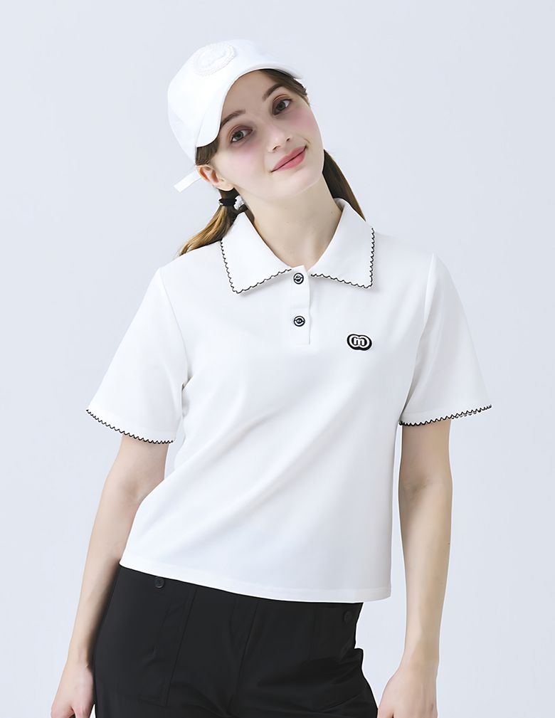 면 피케 조직 레이스 장식 셔츠 카라 루즈 핏 반팔 화이트 티셔츠