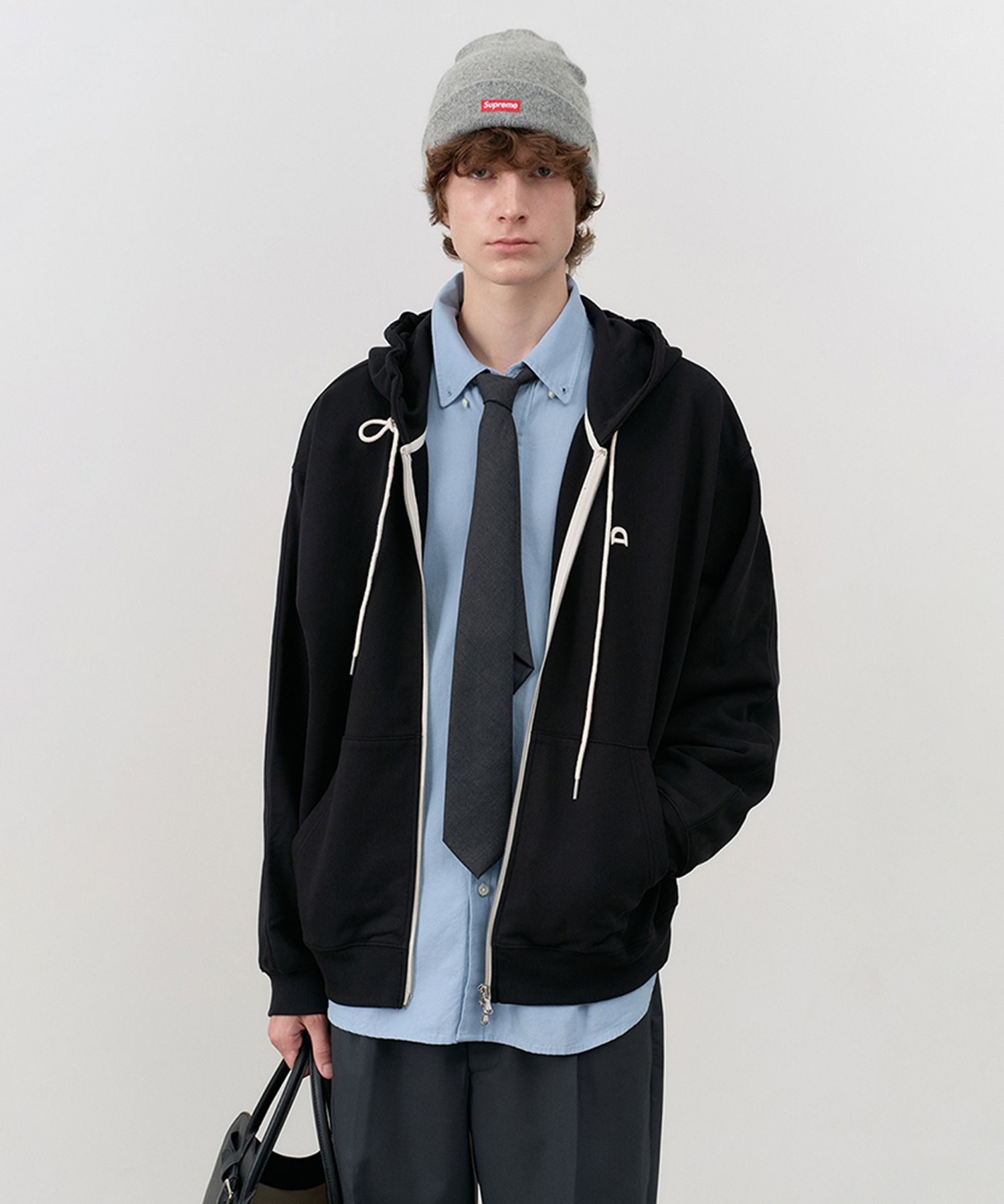 【DUNST】UNISEX LEATHER LOGO ZIP-UP HOODIE★送料・関税込 DUNST