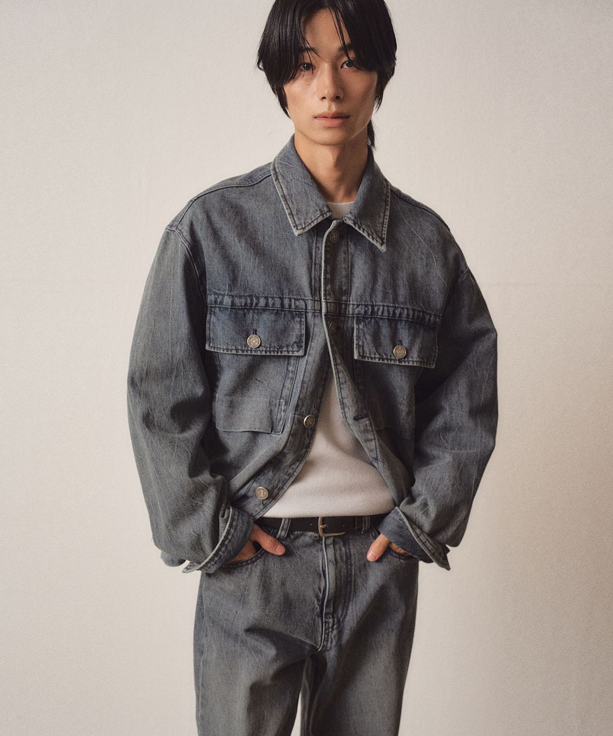 이지오(EZIO) Khaki Washed Denim Jacket