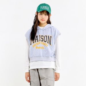 피치 크롭 레이어드 민소매 후드 티셔츠