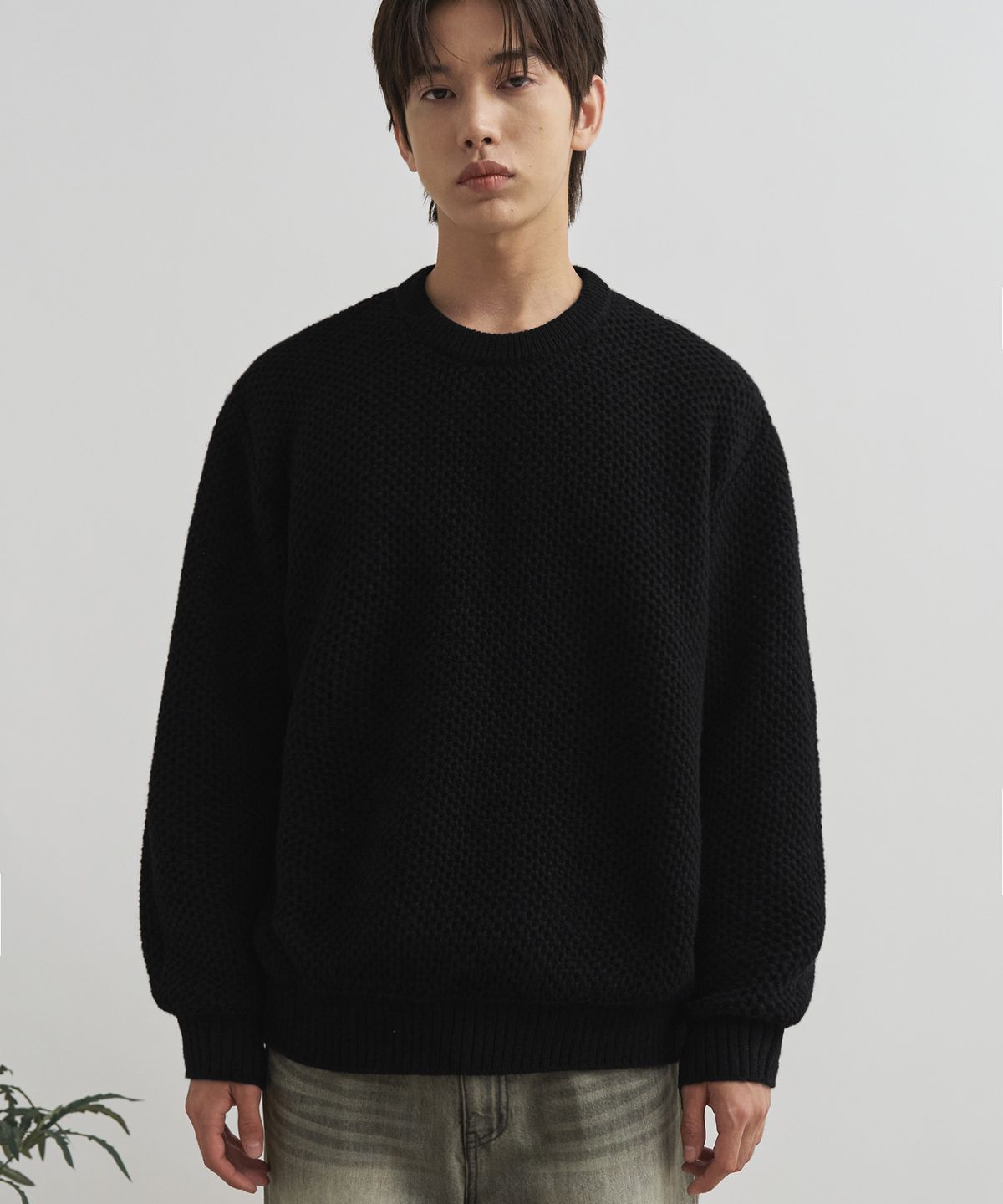 드로우핏(DRAW FIT) 와플 텍스쳐 라운드 풀오버 니트 [BLACK]