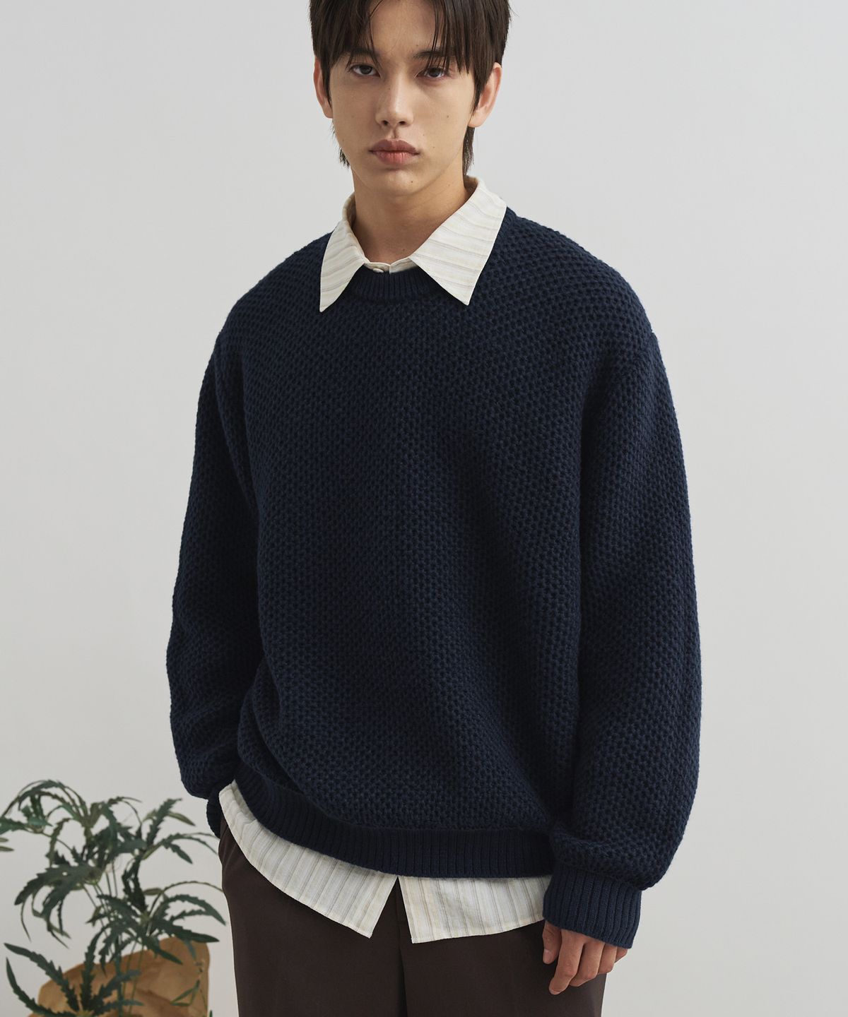 드로우핏(DRAW FIT) 와플 텍스쳐 라운드 풀오버 니트 [NAVY]