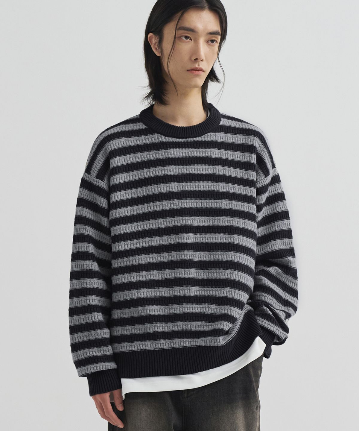 드로우핏(DRAW FIT) 스퀘어 스트라이프 코튼 풀오버 니트 [D.NAVY]