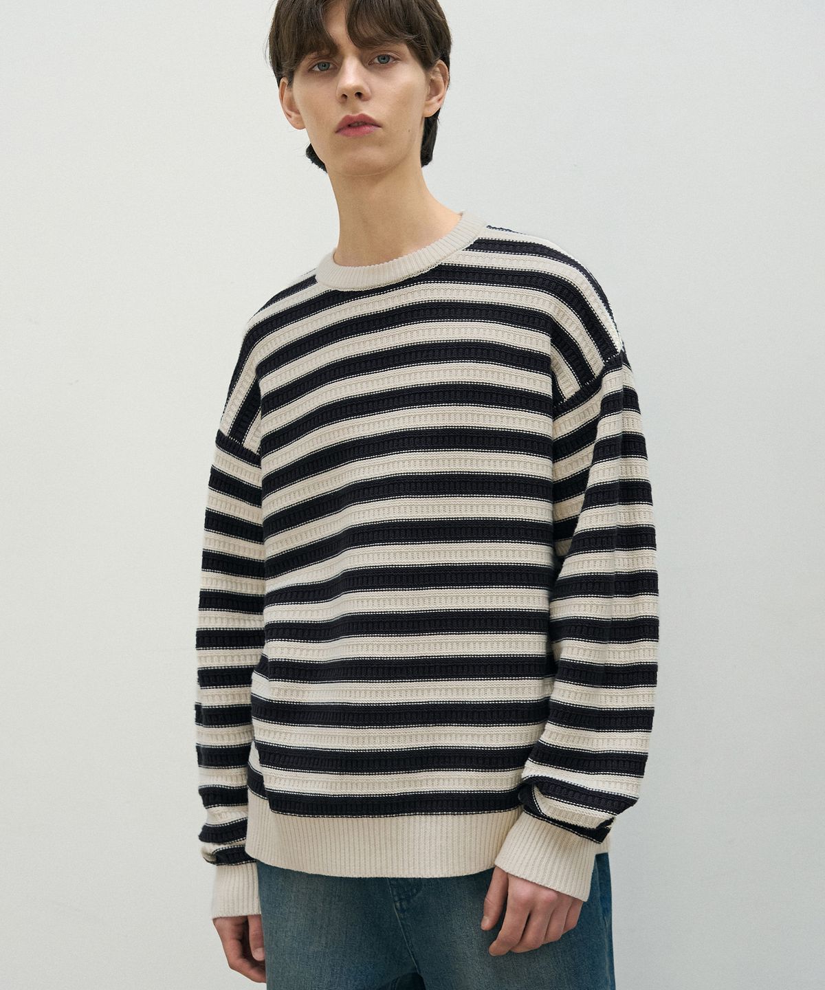 드로우핏(DRAW FIT) 스퀘어 스트라이프 코튼 풀오버 니트 [IVORY]