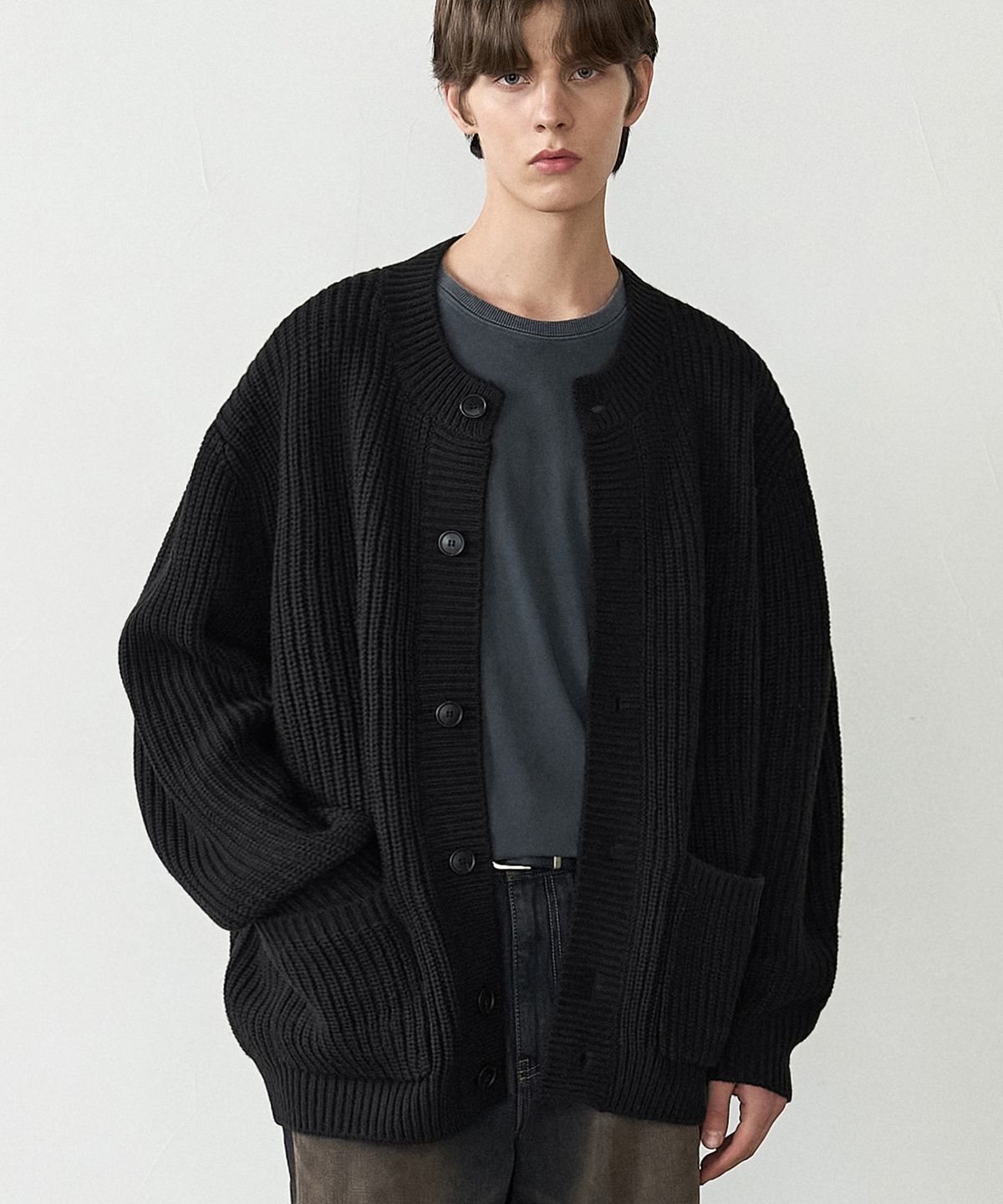 드로우핏(DRAW FIT) 오버사이즈 벌키 라운드 가디건 [BLACK]
